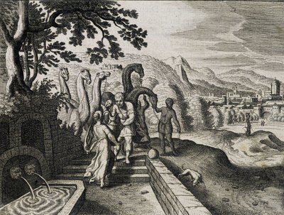 Iisakin ja Rebeccan avioliitto. Kaiverrus 1600-luvun Raamatusta. tekijältä Unknown artist