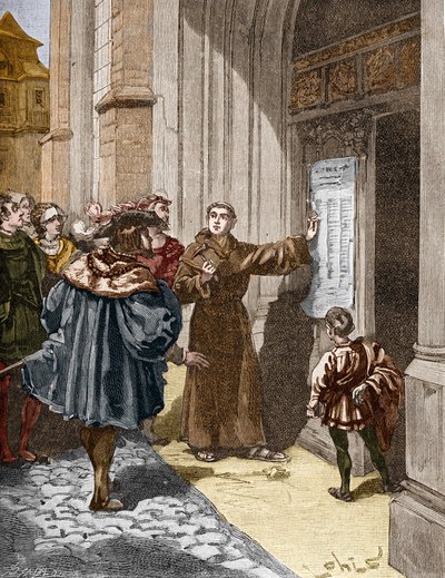 Martti Luther (1483-1546) ripustaa 95 teesiään Wittenbergissä tekijältä Unknown artist