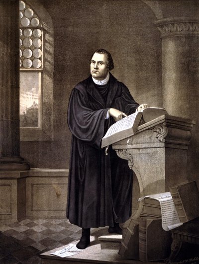 Martti Luther (1483 - 1546) lukee kirkossa. tekijältä Unknown artist