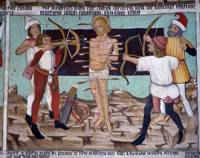 Pyhän Sebastianin marttyyrikuolema, Pyhän Sebastianin elämä (1400-luku), freskot, Pyhän Sebastianin kappeli, Villard-de-Lans, Rhône-Alpes, Ranska. tekijältä Unknown artist