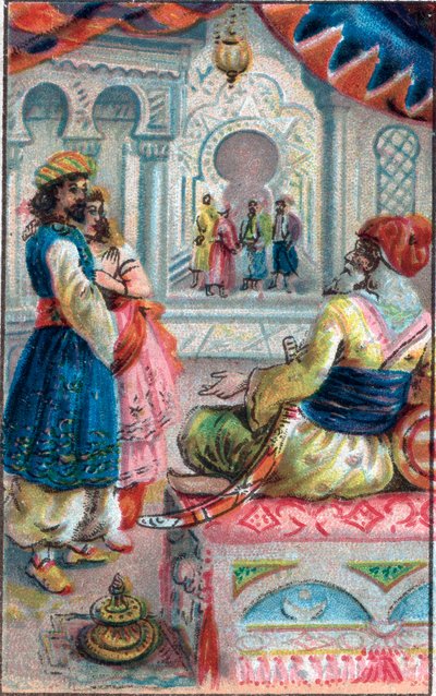 Maruf ennen kuningasta: Tarina Marufista (Maruf) säästäjästä "" Tuhat ja yksi yötä" (1001 yötä tai Le mille e una notte, Arabian Nights), 1800-luvun lopun kromolitografia. tekijältä Unknown artist