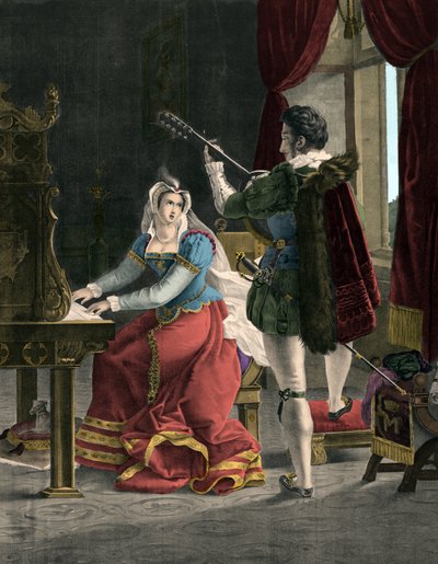 Mary Stuart ja David Rizzio - Marie (Mary) Iere Stuart (1542-1587) ja David (Davide) Rizzio - 1800-luvun kaiverrus tekijältä Unknown artist