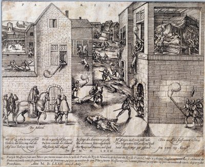 Saint Barthelemyn (Saint Barthelemyn) verilöyly Pariisissa yöllä 24. elokuuta 1572. Kaiverrus 1500-luvulta. Pau, Musee du Chateau tekijältä Unknown artist