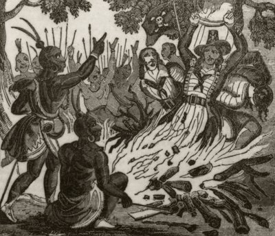 "McFarren, hänen kumppaninsa ja neljä miehistön jäsentä, jotka Sandwichsaarten alkuperäisasukkaat polttivat kuoliaaksi", n. 1836 tekijältä Unknown artist