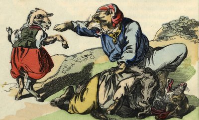 Medor pelastaa Pikkukokin sudelta. Kuvitus tarinasta "Bon medor ja pieni Chevrette". "" Tarinoita kodista pienimmille"". Anonyymi kaiverrus 1800-luvulta. tekijältä Unknown artist