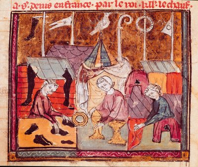 Kauppiaat (suutari, kultaseppä, kangaskauppias) Lenditin messuilla lähellä Saint Denis Miniature from "" Grandes Chronicles de France"" 1375-1379 Municipal Library, Castres tekijältä Unknown artist
