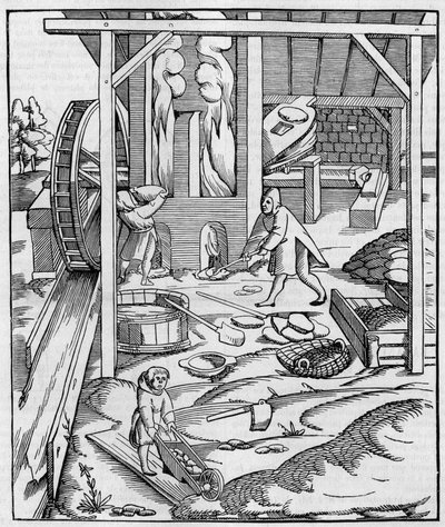 Hydraulimoottorilla toimiva metallinen uunipuhallin. Fac-simile (Fac-simile) kaiverruksesta, joka on julkaistu Sebastien Munsterin "" Cosmographie" -julkaisussa (1555). Kaiverrus "" La Nature: revue des sciences et de leurs applications aux arts et a l