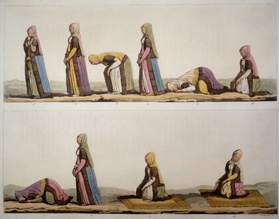 Menetelmä muslimien rukousasemille. "" Vanha ja moderni puku"" 1819-1820, kirjoittanut Ferrario. tekijältä Unknown artist