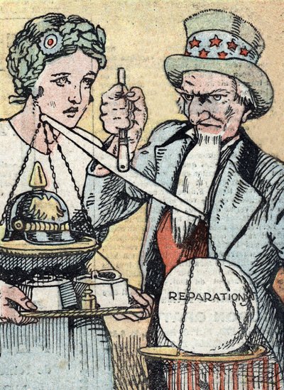 Metrijärjestelmän käyttöönotto Yhdysvalloissa: suunnitelma metrijärjestelmän käyttöönotosta ranskalaisen symbolin avulla Marianne ja Sam-setä yrittävät tasapainottaa sotakustannusten punnitusta Kuvituslehdestä "Le pelerin" maaliskuu 1921. tekijältä Unknown Artist