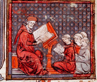 Keskiaika: "" Filosofian luokka, opettaja ja hänen oppilaansa""" Miniatyyri otettu "" Grandes Chronicles de Francesta"" 1375-1379 Kaupunginkirjasto, Castres tekijältä Unknown artist