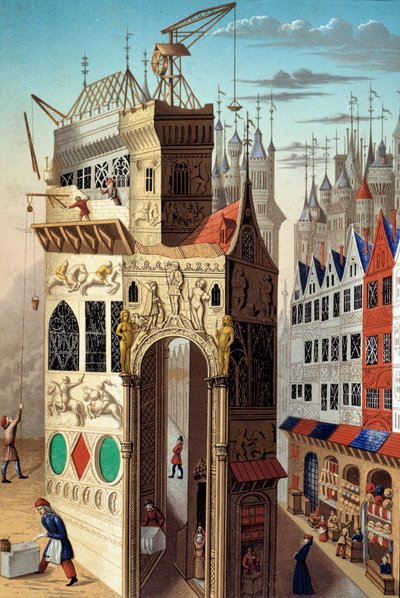 Keskiaika: katukohtaus 1400-luvulla. Kauppiaat ja työläiset kadulla, 1900-luku (kuvitus). tekijältä Unknown Artist