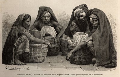 Maitokauppiaita Madrasin kaduilla (nykyinen Chennai, Tamil Nadu). Alfred Grandidierin kaiverrus havainnollistamaan matkaa Intian meridionaalisissa provinsseissa vuosina 1862-1864, julkaistu "" le tour du monde" -lehdessä, D