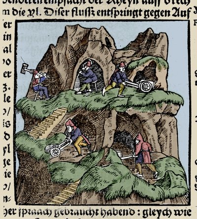 Kaivokset 1400-luvulla. Kaiverrus Johann Stumpffin teoksesta Den Edlen Strength Besten Fromen. 1600-luvun alussa. tekijältä Unknown artist