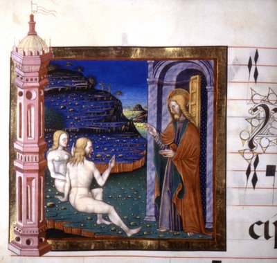 Pienoiskuva, joka kuvaa Aadamin ja Eevan luomista Jumalan toimesta. Antifoninen. 1400-luku. Lodin kirjasto tekijältä Unknown artist