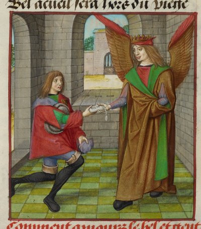 Miniatyyri rakkaudesta, joka luovuttaa kirjeen sanansaattajalle, "Le Roman de la Rose" tekijältä Unknown artist