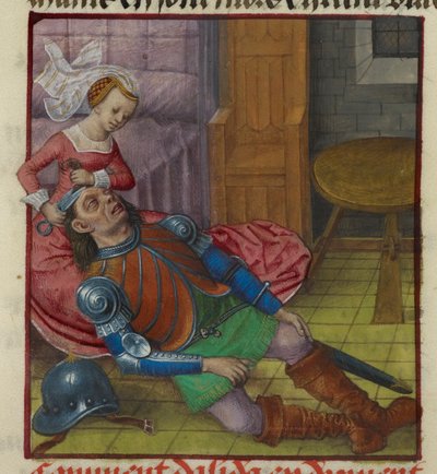 Pienoiskuva Delilasta leikkaamassa Simsonin hiuksia Le Roman de la Rosesta tekijältä Unknown artist
