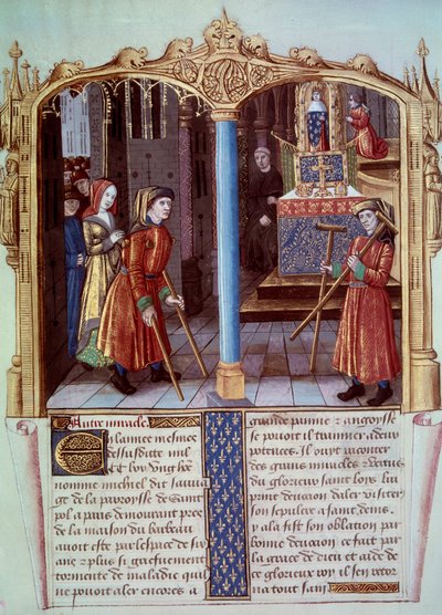 Saint Louisin ihme (1214-1270): ontuvan soturi bequilleillä. Miniatyyri elokuvassa "" Saint Louisin elämä ja ihmeet"" tekijältä Unknown artist
