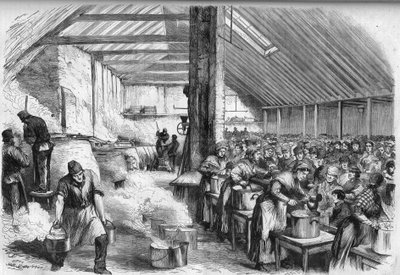 Misere in London: Julkinen ruoan jakelu Lontoon köyhille Spitalfieldsissä. Kaiverrus "" Maineikas universumi"" tekijältä Unknown artist