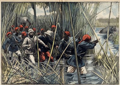 Tehtävä Marchand (1896-1899) Fachodaan (Sudan): Ranskan kapteeni Baratier (1864-1917) ja hänen joukkonsa etenevät suon läpi Fachodaa kohti. (Kapteeni Baratierin lokikirjan mukaan). Kuvitus "" Le Pelerin" -lehdessä 6. marraskuuta tekijältä Unknown artist