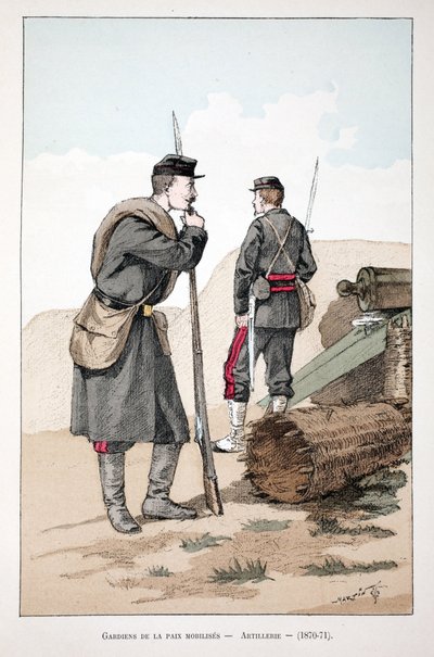 Mobilisoidut rauhanturvaajat (1870-1871). Etsaus väreillä, havainnollistava "" Rauhanturvaajien joukkojen historia"" -kirja, Louis Lepinen (1846-1933) Seinen poliisin prefektin suojeluksessa, Alfred Rey (1864-?) ja Louis Feron. tekijältä Unknown artist
