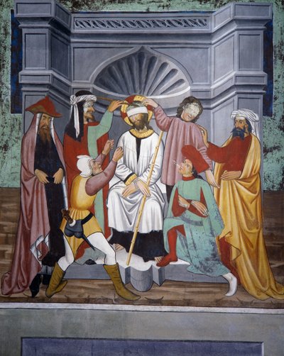 Kristuksen pilkkaaminen, Kristuksen elämä (1400-luku), freskoja, Pyhän Sebastianin kappeli, Villard-de-Lans, Rhône-Alpes, Ranska. tekijältä Unknown artist