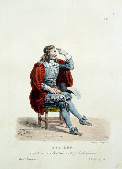 Molieren puku Arnolphen roolissa teoksessa "Naisten koulu" vuonna 1670. Hippolyte Lecomten (1781-1857) ranskalaisen komedian puku. Kaiverrus 1800-luvulta. Coll. Mennään. tekijältä Unknown artist
