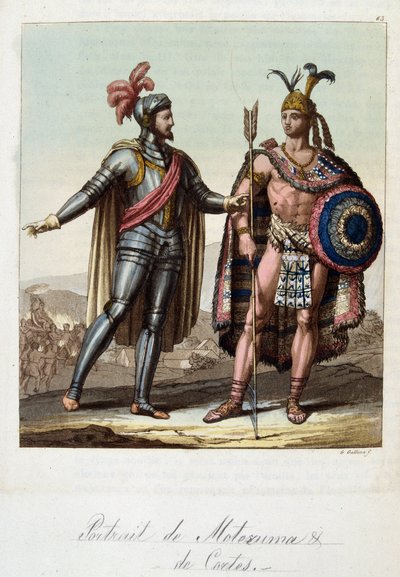 Montezuma II, atsteekkien kuningas ja Hernan (tai Hernando) Cortes tai Fernand Cortez (1485-1547), espanjalainen valloittaja - Ferrarion "" Vanha ja moderni puku" -sarjassa, toim. Milano tekijältä Unknown artist