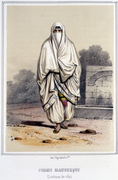 Maurilainen nainen kaupunkiasussa Algerissa 1800-luvun jälkipuoliskolla. tekijältä Unknown artist