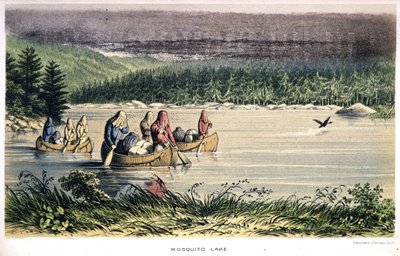 Mosquito Lake Kanadassa: Intiaanit kanootilla järven poikki hyttysverkot päässä - "Exploration of the Labradorin niemimaan", kirjoittaja Hind, Lontoo tekijältä Unknown artist