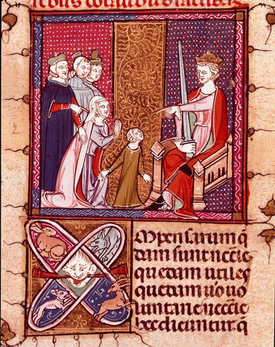 Äiti ja lapsi esiintyvät kuninkaan edessä, Justice-miniatyyri, joka on otettu kohteesta "Justiniani in Fortiatum" 1300-luvun Escorial-luosterin kuninkaallinen kirjasto (Escorial), Espanja tekijältä Unknown artist