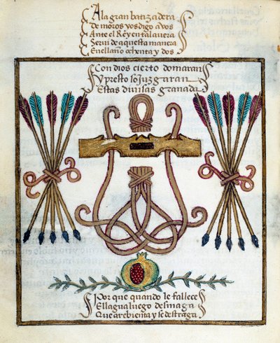 Katolisten kuninkaiden motto. Katolisten kuninkaiden tunnus. Miniatyyri Pedro Marcuellon teoksessa "Devotorio de la Reyna Da Juana, jota he kutsuivat La Locaksi" tekijältä Unknown artist
