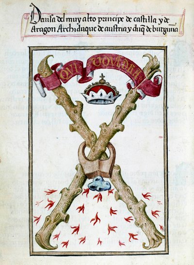 Burgundin herttuoiden motto. Käsikirjoitussivu otettu "Espanjan kuningatar Joan Follen (1479-1555) hartauskokoelmasta"" Pedro Marcuello ("Kuningatar Da Juanan hartaus, jota kutsuttiin hulluksi naiseksi") 1400-luvun Chantilly, Musee Conde tekijältä Unknown artist