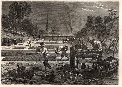 Moulage des bricques - Tiilien muovaus - kaiverrus Louis Figuierin teokseen "Les Merveilles de l
