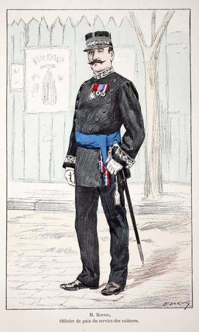 Mr. Roudil, rauhanupseeri autopalvelusta. Etsaus väreillä, havainnollistava "" Rauhanturvaajien joukkojen historia"" -kirja, Louis Lepinen (1846-1933) Seinen poliisin prefektin suojeluksessa, Alfred Rey (1864-?) ja Lo. tekijältä Unknown artist