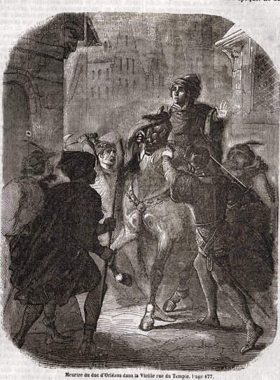 Louis I of Valois, Orléansin herttuan (1372 - 1407) murha Old Rue du Temple, Jean Sans Ppeur - teoksessa "" Histoire de France", kirjoittaja L.-P. Anquetil tekijältä Unknown artist