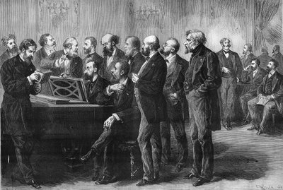 Pariisin kaupungin musiikkikilpailu 1878. Palais du Luxemburgin tuomaristo tutki kappaleiden "Pardis kadonnut" ja "Mug" partituurit. Vasemmalta oikealle: Pylväs, Perrin, Cherouvrier, Gounod, Boulanger, Camille Saint Saens (Saint-Saens), Lenepveu, vaucorbe tekijältä Unknown artist