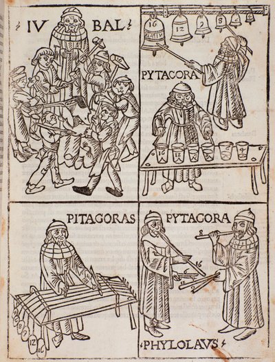 Pythagoraan musiikilliset teoriat. Sivu otettu Franchino Gaffurion musiikin teoriasta tekijältä Unknown artist