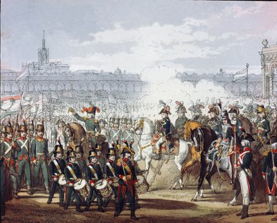 Napoleon Bonaparte (1769-1821) arvostelee miliisin Lombard- ja Cispadan-legioonaa 9.7.1797 akvarellikaiverruksella. Milano, Museo del Risorgimento tekijältä Unknown artist