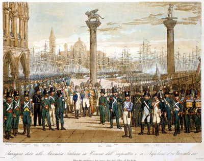 Napoleon I Venetsiassa 29. marraskuuta 1807 Italian laivaston edessä. Kaiverrus vuodelta 1845 tekijältä Unknown artist