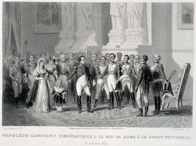 Napoleon uskoo impressin ja hänen poikansa, Rooman kuninkaan, kansalliskaartin käsiin (23. tammikuuta 1814) - "Fasttes de Gardes nationales de France" tekijältä Unknown artist