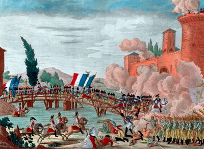 Napoleon johdattaa armeijaansa Lodin sillan yli - Napoleon taistelun aikana ja Lodin sillan läpikulku vuonna 1796 - Tasavaltalais-ranskalainen armee käytti Lodin siltaa Italiassa komentajakenraali Napoleon Bonaparten toimesta - tekijältä Unknown artist