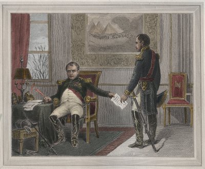 Napoleon allekirjoittaa luopumuksensa 1814 - Napoleon Bonaparte (1769-1821) Fontainebleaussa ensimmäisen luopumisensa aikana, allekirjoitettu huhtikuussa 1814 Kaiverrus "Les Fastes Populaires, ou Histoire des acts heroiques du peuple et de son, les sur sci tekijältä Unknown artist