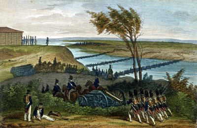 Napoleonin sota: Venäjän kampanja. Niemen-joen (Dnjemen) kulku 24.6.1812, joka erottaa kaksi imperiumia. Kaiverrus 1800-luvulta. tekijältä Unknown artist