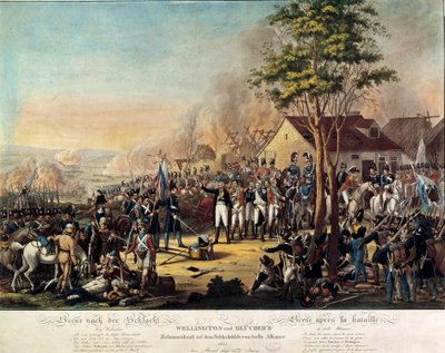 Napoleon Wars: Battle of the Belle Alliance tai Waterloo voitti asevoimat 18.6.1815 Wellingtonin herttuan Arthur Wellesleyn (1769-1852) ja prinssi Blucherin käskystä tekijältä Unknown artist