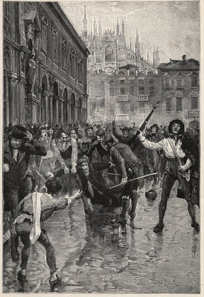 Napoleonin luopuminen kruunusta rohkaisee mellakoihin Milanossa, ja epäsuosittu valtiovarainministeri Giuseppe Prina raahataan kaduille ja lopulta tapetaan väkijoukon toimesta Piazza San Fedelella Milanossa 20. huhtikuuta tekijältä Unknown artist