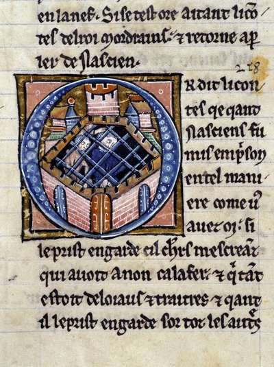 Nascion vankilassa. Käsikirjoitus: Saint Gréalin valloitus, kirjoitettu 717 vuotta herramme intohimosta. Bibliotheque Municipale de Rennes, ms. 255 (Pyöreän pöydän romaanien kokoelma); Pariisi tekijältä Unknown artist
