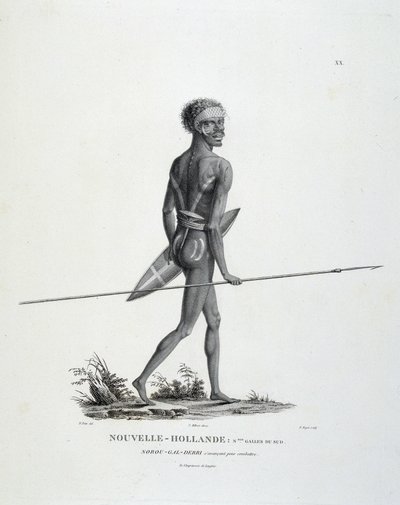 New Hollandin Uuden Etelä-Walesin syntyperäinen North-Gal-Derri etenee taistelemaan - herra Lesueur ja Peer "" Löytöjen matkalla eteläisiin maihin"" tekijältä Unknown artist
