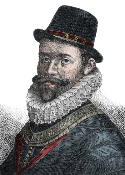 Merivoimien hallinto ja komentaja Sir John Hawkins (1532-1595) - Muotokuva Sir John Hawkinsista (Hawkyns) (1532-1595), englantilainen amiraali, laivanrakentaja, navigaattori ja orjakauppias. Kaiverrus 1800-luvulta. tekijältä Unknown artist