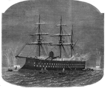 Laivaston valaistus Spitheadin satamassa Egyptin sulttaani Ismail Pashan (1830-1895) Englannin matkan aikana. Kaiverrus kirjaan "The Illustrous Universe" tekijältä Unknown artist