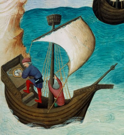 Navigaattorit Intian valtamerellä tähtien ja astrolabien avulla. Miniatyyri teoksessa ”Maailman ihmeiden kirja”, Ms. 2810, folio 188v, Egertonin mestarin valaisema, kirjoittanut John (Jehan) de Mandeville (1300? 1382). Noin 1410-1412. BN, Pariisi tekijältä Unknown artist